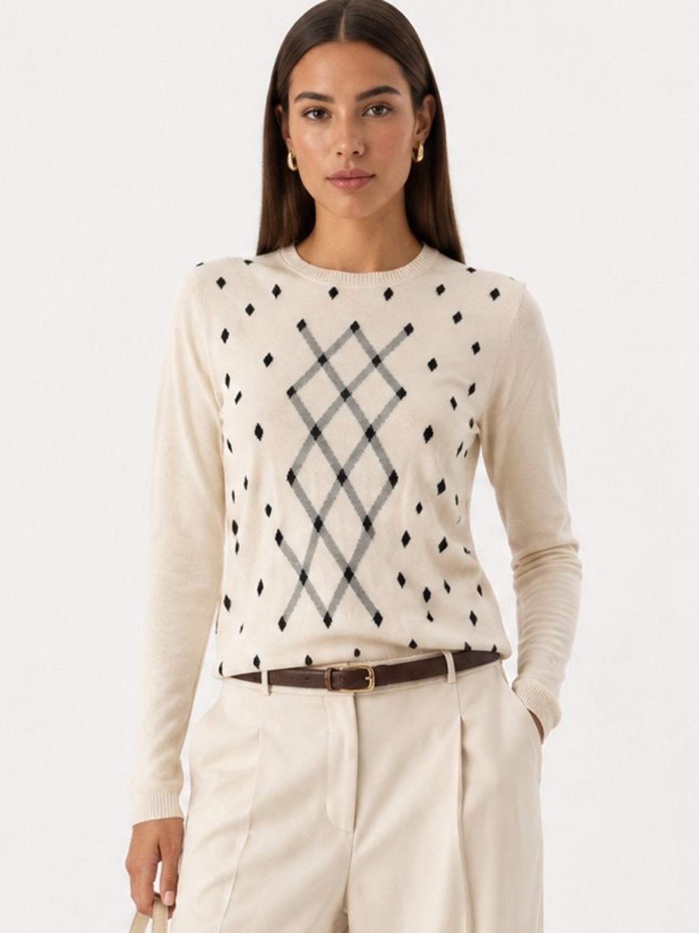 Lizgolf Ivory Argyle Diamond Knit Sweater Size Small